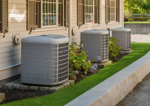 a row of air conditioning units outside of a house