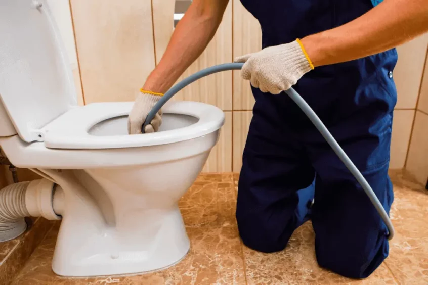 a person in gloves holding a hose into a toilet